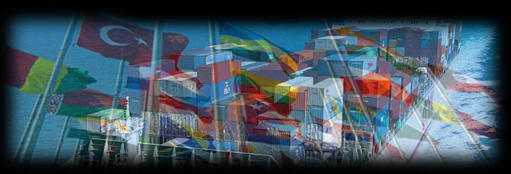 Navio porta-contêineres com bandeiras de diversos países